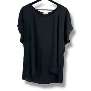 Pleione Womens Black Short Sleeve Scoop Neck High Low Chiffon Blouse Large USA